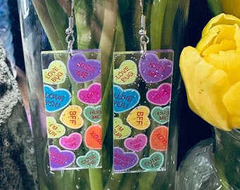 Valentines Rectangle Heart Earrings Love Bug Love You Kiss Me BFF Be Mine Sweetheart Cutie Pie Gift for Her Valentines Gift