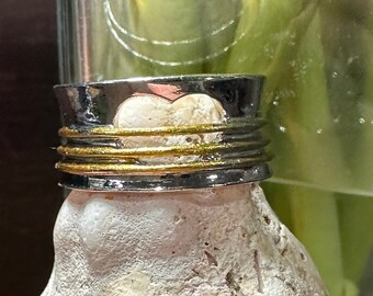 Silver Heart Ring with three gold bands Heart Ring Silver Ring Gift for Her Love Ring Cut out Heart Ring