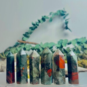 May include: Seven green and red jasper crystal points arranged in a row on a white surface. The points are all about 2 inches tall and have a variety of shapes and sizes.