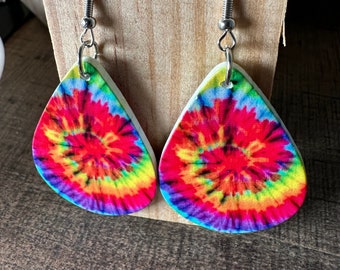 Wooden Tiedye Teardrop Earrings Psychedelic Rainbow Jewelry Bohostyle Accessories Unique Gift for Her Retro 70sinspired Pattern