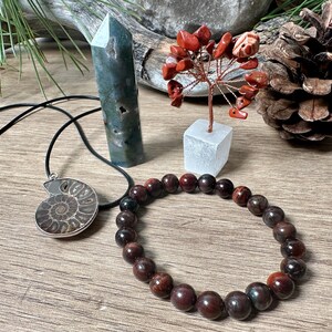 May include: A set of three crystal healing items: a green agate tower, a red jasper bracelet, and a silver necklace with an ammonite fossil pendant. The items are arranged on a wooden surface with a small pine cone and a red crystal tree in the background.