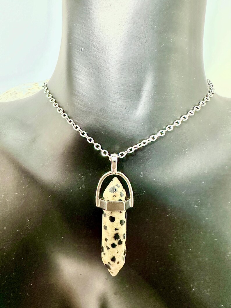 May include: A silver chain necklace with a dalmatian jasper pendant. The pendant is a point with a silver cap and a silver bail.