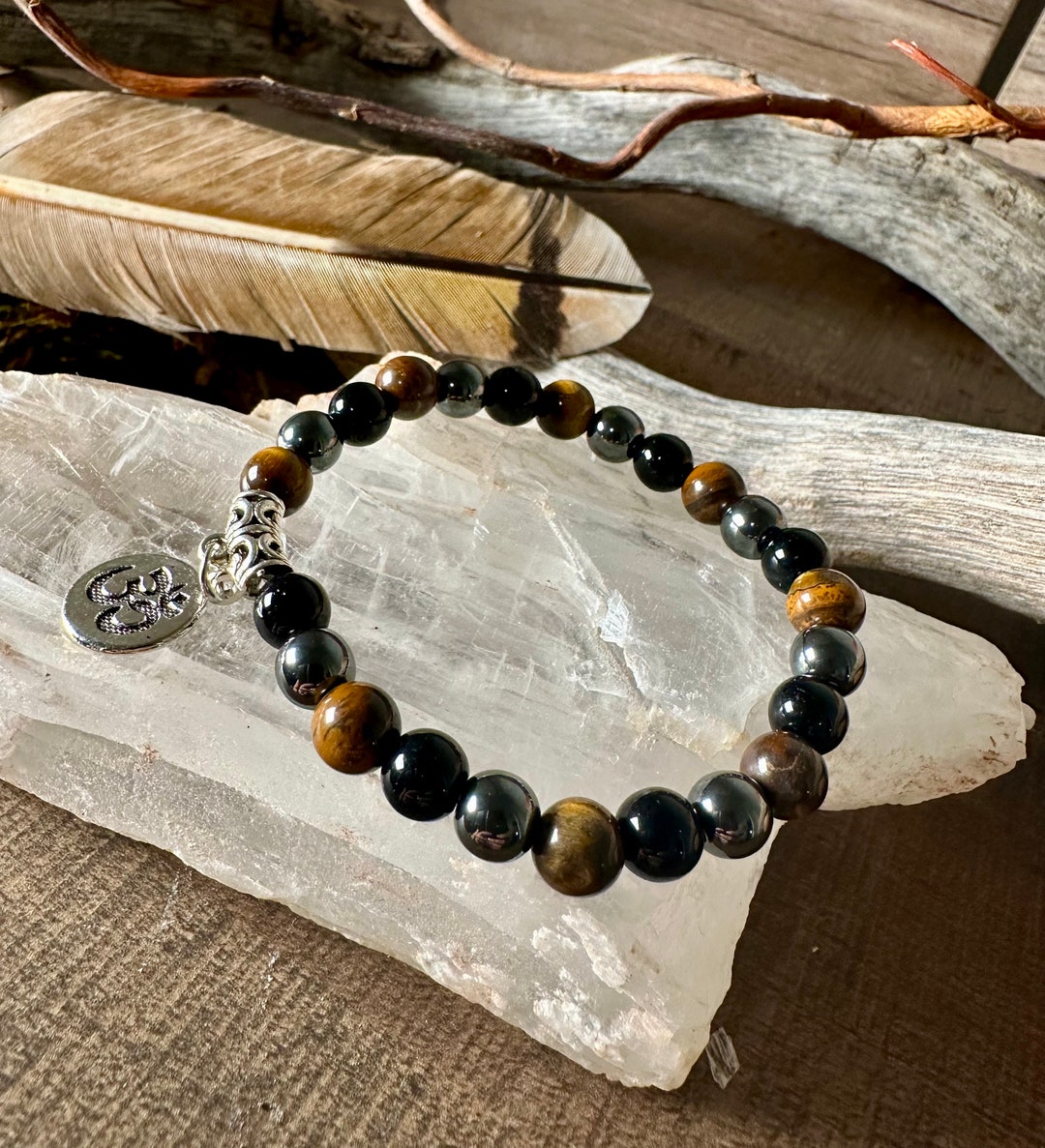 Beaded Tiger's Eye Bracelet With Om Charm Jewelry Gift for Her Gift for ...