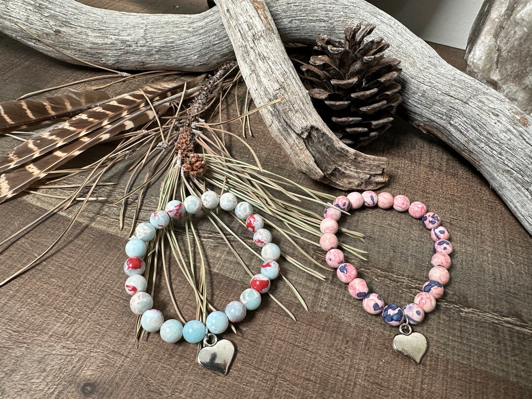 Stone Beaded Bracelet Heart Charm Stone Jasper Amazonite Pink Zebra ...