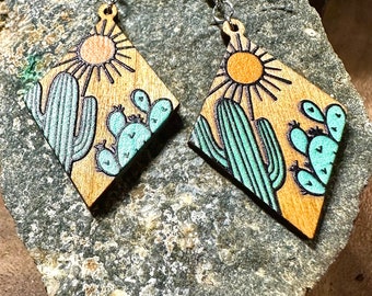Wooden Desert Cactus Earrings