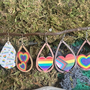 Wooden Teardrop Pride Earrings Rainbow Hearts Earrings LGBTQ+ Jewelry Gay Pride Earrings Festival Accessories Gift  Love Valentines gift