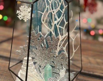 Winter Wonderland Crystal Gemstone Terrarium featuring Selenite and Blue Amazonite in a Snowy Scene  Decor Gift for Spiritual Healing
