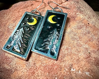 Forest Night Sky Landscape Earrings