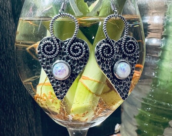Silver Heart Earrings Opal Center