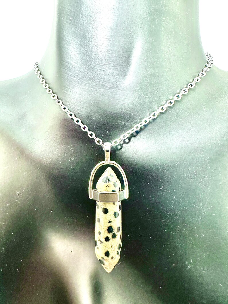 May include: A silver chain necklace with a dalmatian jasper pendant. The pendant is a point with a silver cap and a silver bail.