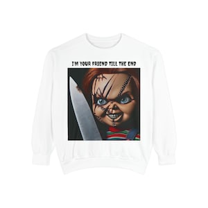 Unisex Garment-Dyed Sweatshirt - 80s Horror Film - Chucky Movie - Chucky clothing - Halloween Apparel - Chucky Sweatshirt