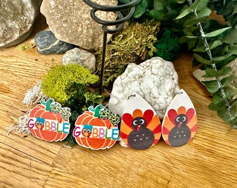 Thanksgiving Turkey and "Gobble Pumpkin Earrings  Various Designs