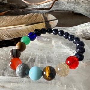 Blue Sandstone Bracelet with Planet Beads Healing Crystal Jewelry Gemstone Accessory for Him and Her Spiritual Gift Solar System and Space