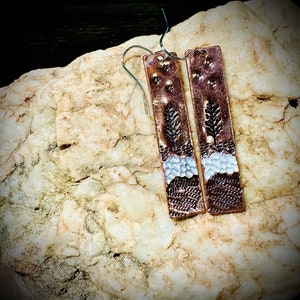 Copper Rectangle Dangle Earrings with Landscape Design Nature-inspired Mountain and Tree Statement Jewelry for Earth Lovers Gift for Her