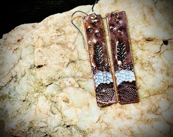 Natureinspired Mountain and Tree Copper Rectangle Dangling Earrings