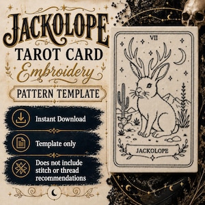 Jackalope Tarotkort Broderimönster PDF, Handbroderimönster Mall, Digital Nedladdning, Cryptid, Utskrivbar PDF, **Endast mall**