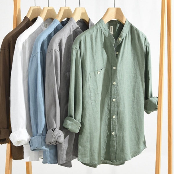 Men Retro Linen Shirt, Men's Long Sleeved 100% Linen Shirts, Solid Color Loose Linen Shirt with Pocket, Men's Casual Linen Shirt