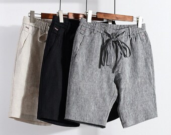 Shorts 100 % lin, Shorts d'été décontractés pour hommes, Shorts en lin pour hommes, Shorts amples en lin à taille élastique, Shorts de plage en lin pour hommes