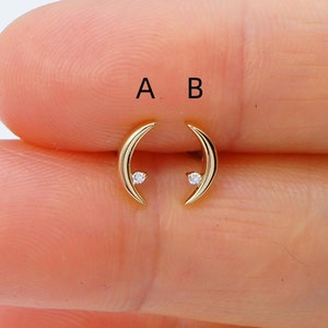 14K Solid Gold Moon Cartilage Stud Earrings Lab Diamond Helix Studs Threadless Conch Studs Celestial Stud Earrings Gift For Her
