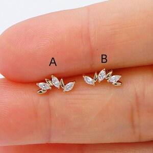 14K Solid Gold Lab Diamond Fan Cartilage Stud Earrings Threadless Earrings Push In Flat Back Helix Studs Conch Studs