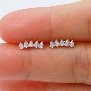 14K Solid Gold Pear Lab Diamond Curved Cartilage Stud Earrings Threadless conch studs Push-in flat back Helix studs gift for her