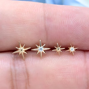 Boucles d'oreilles cartilage étoile en or massif 14 carats, petits clous tragus diamants de laboratoire, boucles d'oreilles sans filetage à dos plat, cadeau pour elle