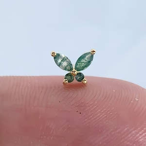 14K Solid Gold Butterfly Moss Agate Stud Earrings Flat Back Push In Earrings Gold Nose Studs Cartilage Studs Tragus Piercing Jewelry