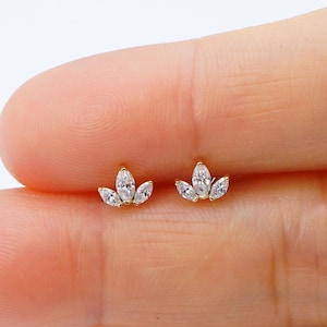 Boucles d'oreilles en or massif 14K Marquise Lab, diamants et cartilage de lotus, petits clous tragus en or, conques minimalistes, clous hélicoïdaux