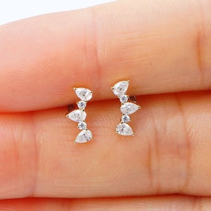 14K Solid Gold Lab Diamond Fan Cartilage Stud Earrings Pear Diamond Conch Studs Push In Threadless Flat Back Earrings