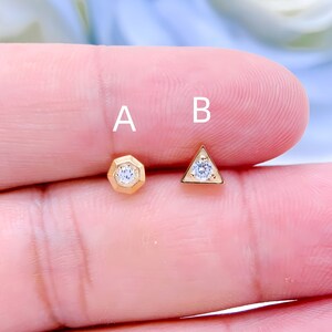 14K Solid Gold Hexagonal Diamond Stud Earrings Triangle Cartilage Earrings Flat Back Tragus Earrings Conch Studs Helix Pierced Jewelry