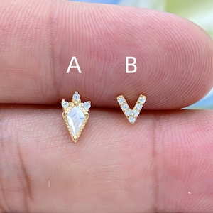 14K Solid Gold V-Shaped Cartilage Stud Earrings Kite-Shaped Diamond Studs Simple Conch Studs Tragus Piercing Jewelry
