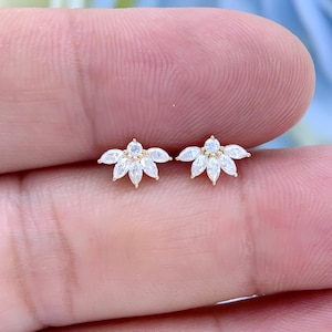 14K Solid Gold Lab Diamond Lotus Stud Earrings Back Push In Flat Back Cartilage Earrings Tragus Earrings Conch Studs Gift for her!