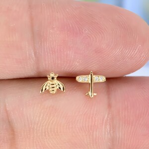 14k Solid Gold Bee Stud Earrings Gold Airplane Cartilage Studs Tiny Ear Tragus Earrings Conch Studs Push In Flat Back Earrings