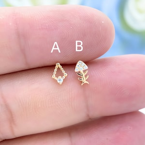 14K Solid Goldfish Bone Tiny Stud Earrings Lab Diamond Flat Back Cartilage Studs Ear Screens Tragus Earrings Conch Piercing Jewelry