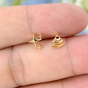 Boucles d'oreilles Polaris en or massif 14 carats Boucles d'oreilles arbre de Noël Clous de cartilage Boucles d'oreilles conque Piercing Tragus Boucles d'oreilles push-in à dos plat
