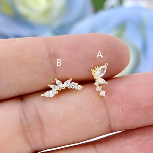 Boucles d'oreilles en or 14 carats papillon et diamants Boucles d'oreilles cartilage incurvé Boucles d'oreilles dos plat push-in lobes d'oreille Helix Tragus Piercing