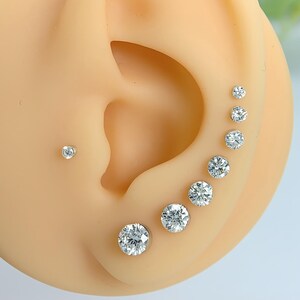 Hidden Setting Lab diamond Solitaire Stud Earrings 14K Solid Gold Cartilage Tragus Earlobe Conch Piercing Jewelry
