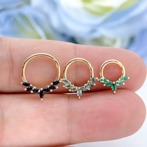 16G 14K Solid Gold Scalloped Septum Ring Hinged Daith Clicker Hoop Earrings Moss Agate Nose Ring Hoop Fine Cartilage Piercing Jewelry