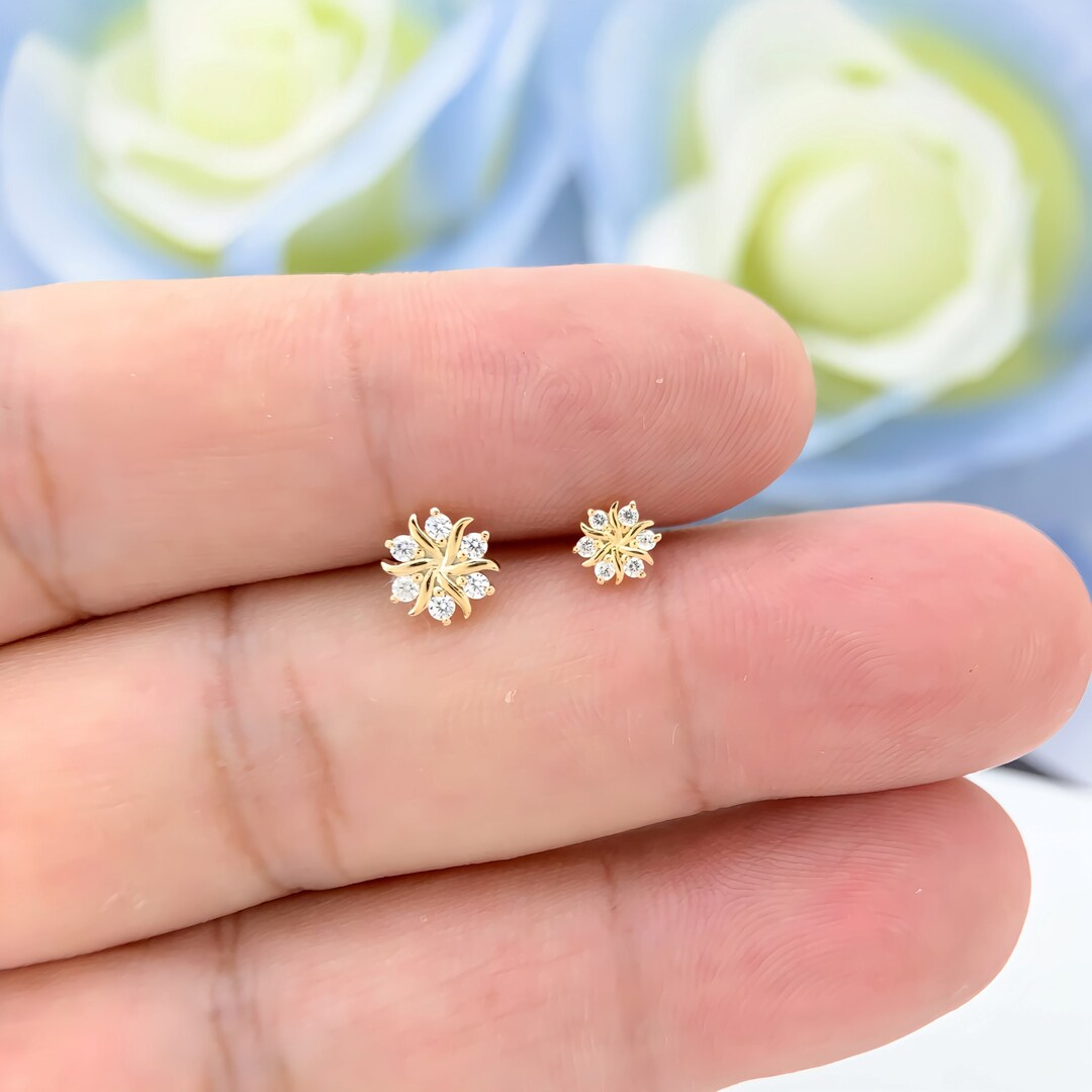 14K Solid Gold Lab Diamond Stud Earrings Floral Cartilage