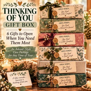 May include: A stack of six rectangular gift boxes wrapped in floral paper, each tied with ribbon, a sprig of baby's breath, and a wax seal. Each box features a tag labeled Open When, with phrases like You Need a Little Comfort and You Need a Good Laugh.