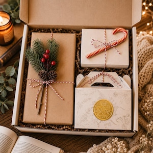 May include: A cardboard gift box containing three items: a rectangular package wrapped in brown paper with a pine sprig and red berries, a small white box tied with red and white twine and a candy cane, and a white box with a gold circular seal.