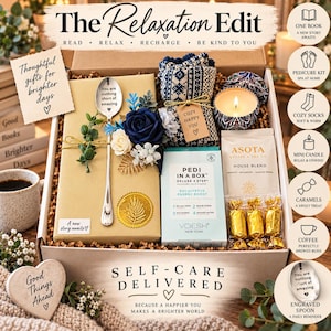 May include: A gift box titled The Relaxation Edit containing a book wrapped in tan paper, a silver spoon engraved with You are nothing short of amazing, a blue patterned pair of socks, a candle, a Pedi in a Box kit, and gold-wrapped caramels.