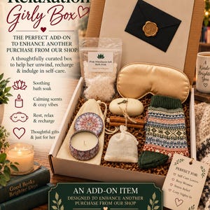 May include: A gift box containing a bag of pink Himalayan salt bath soak, a gold satin sleep mask, a bar of soap, a patterned candle in a tin, a pair of knit socks with a geometric design, a small drawstring pouch, and a black envelope with a gold seal.