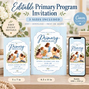 Könnte beinhalten: Eine bearbeitbare Einladungsvorlage für ein Primärprogramm mit hellblau-weiß gestreiftem Hintergrund. Das Design zeigt eine Illustration einer Figur mit Kindern sowie den Text Primary Program, Sunday, October 12th, 2026, 10:00 AM, Lakewood 2nd Ward, 80 South 280 East, Lakewood, CA 84058 und All Are Welcome. Drei Größen sind abgebildet: 12,7 x 17,8 cm, 21,6 x 27,9 cm und eine mobile Version.
