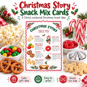 May include: A rectangular Christmas Story Snack Mix card with a scalloped red border, featuring text and illustrations of popcorn, candy canes, chocolates, pretzels, animal crackers, and a manger. The card is surrounded by bowls of snacks.