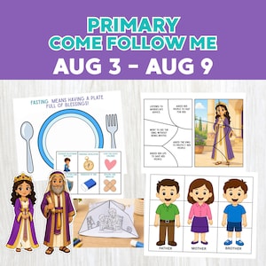 以下が含まれることがあります： PRIMARY COME FOLLOW ME AUG 3 - AUG 9と題された教育用プリントのコレクション。断食のアクティビティシート、女王のパズル、父親・母親・兄弟とラベル付けされた家族の図、そして紙の工作キットが含まれています。