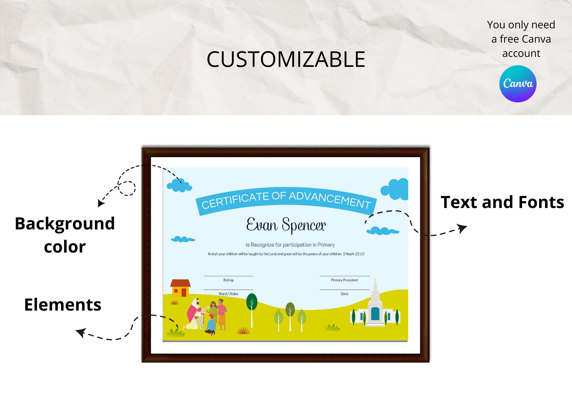LDS Primary Certificate Template - Editable With CANVA Free Account - Etsy
