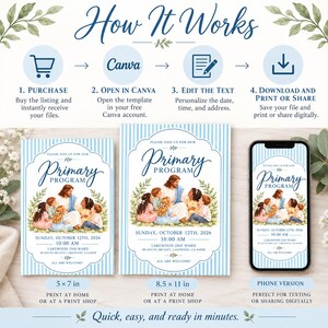 Peut inclure: Un mod&egrave;le d'invitation num&eacute;rique pour un programme primaire avec une bordure &agrave; rayures bleues et blanches, une illustration centrale d'une figure avec des enfants, et le texte Sunday, October 12th, 2026, 10:00 AM, Lakewood 2nd Ward.