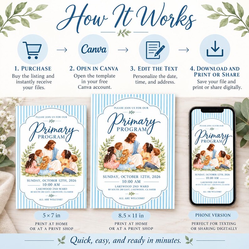 Peut inclure: Un mod&egrave;le d'invitation num&eacute;rique pour un programme primaire avec une bordure &agrave; rayures bleues et blanches, une illustration centrale d'une figure avec des enfants, et le texte Sunday, October 12th, 2026, 10:00 AM, Lakewood 2nd Ward.