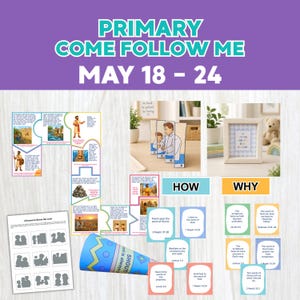 Könnte beinhalten: Ein farbenfrohes Lehrplakat mit dem Text "PRIMARY COME FOLLOW ME MAY 18 - 24". Das Plakat enthält Illustrationen, Textfelder mit den Wörtern "HOW" und "WHY" sowie ein blau-gelbes Megaphon mit den Worten "SHOUT and is always".